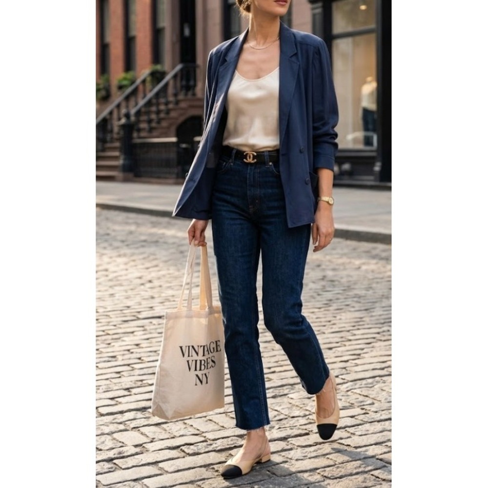 CHANEL Vintage 100% Silk Double Breasted Blazer Navy Blue FR 40